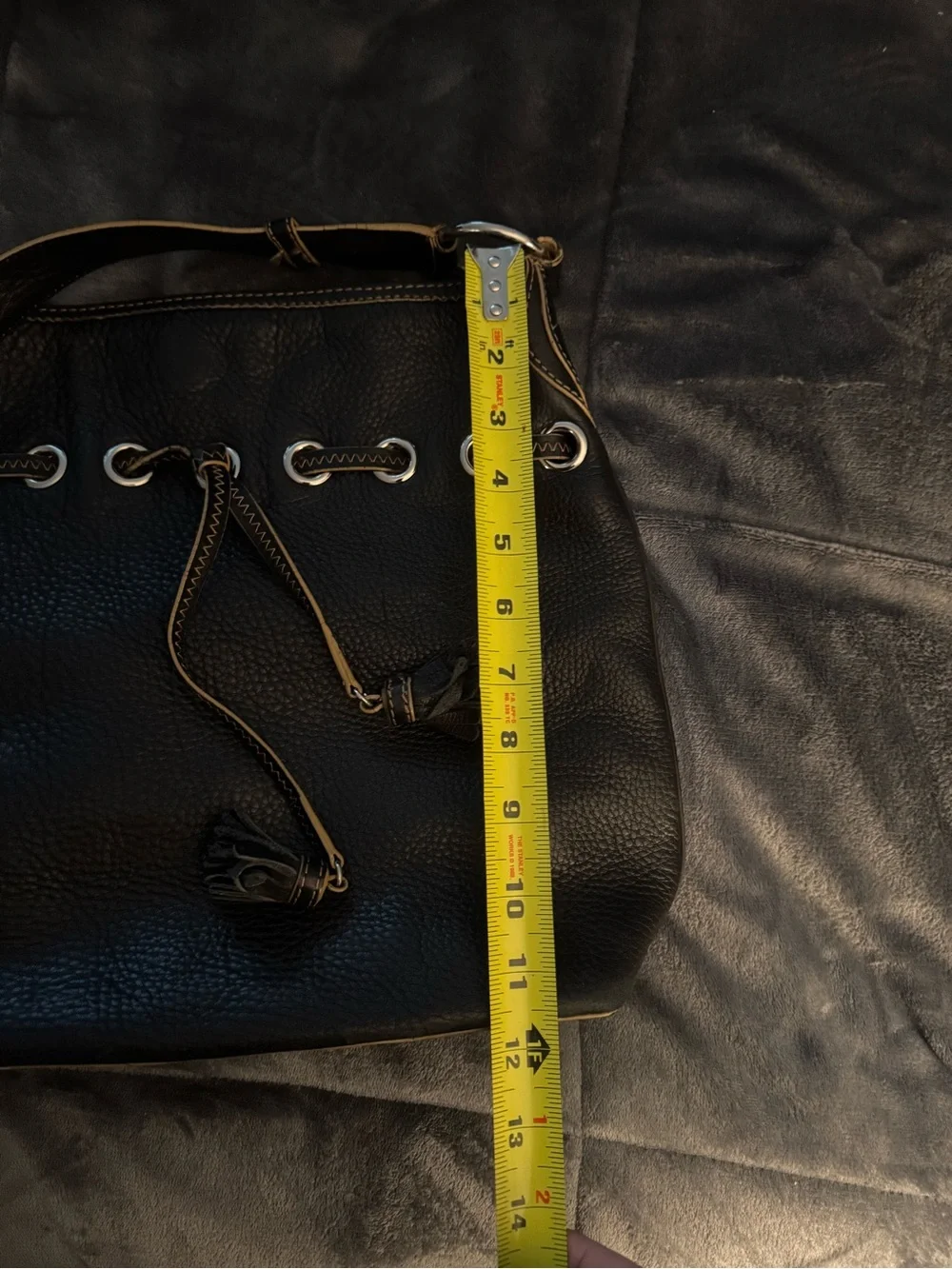 Black Leather Shoulder Bag with Tassel Detail